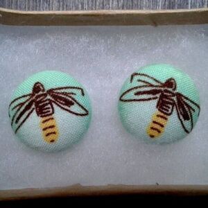 Handcrafted NWOT Fabric Button Stud Small Earrings, Nature Minimalist Bee Design